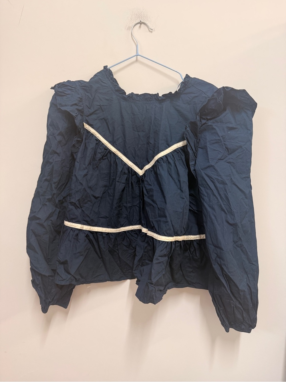 vestique Navy Ruffle Peplum Blouse with Cream Trim